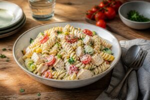 Kalter Hähnchen-Nudelsalat mit Joghurt-Dressing, Kirschtomaten, Gurke und frischen Kräutern in einer hellen Schüssel, von oben fotografiert