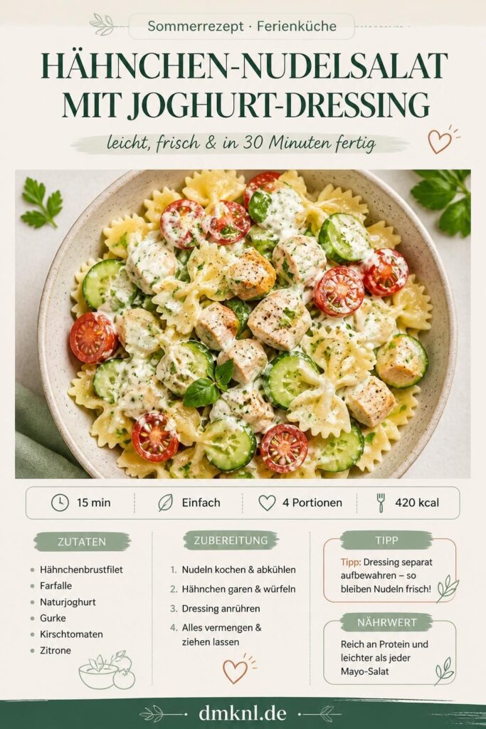 Kalter Hähnchen-Nudelsalat mit Joghurt-Dressing, Kirschtomaten und Gurke – Pinterest-Bild