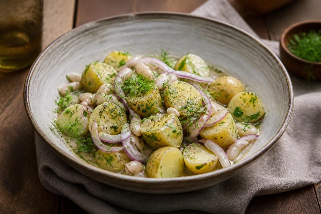 Kalter Kartoffel-Bohnensalat mit würzigem Brühe-Dressing