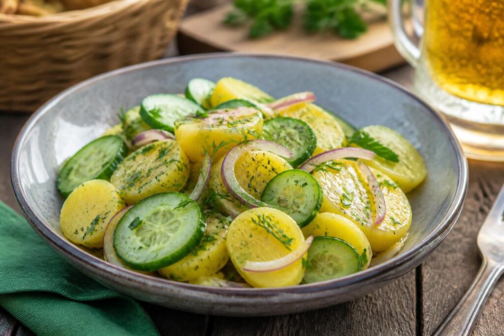 Kalter Kartoffel-Gurken-Salat mit Essig-Öl-Dressing, Schnittlauch und frischer Gurke in einer weißen Schüssel, serviert im Biergarten-Stil