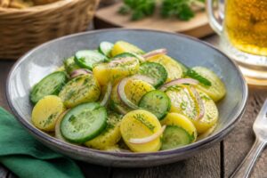 Kalter Kartoffel-Gurken-Salat mit Essig-Öl-Dressing, Schnittlauch und frischer Gurke in einer weißen Schüssel, serviert im Biergarten-Stil