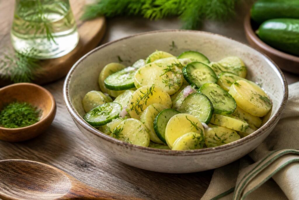 Kalter Kartoffel-Gurken-Salat mit Essig-Öl-Dressing in einer weißen Schüssel, garniert mit frischer Petersilie, von oben fotografiert