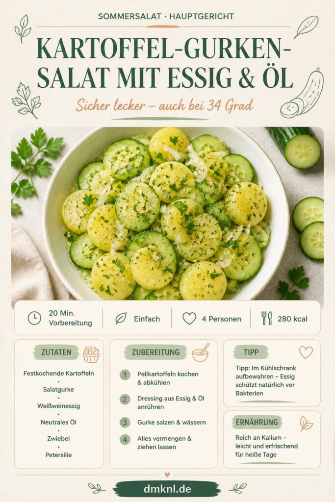 Kalter Kartoffel-Gurken-Salat mit Essig und Öl – Pinterest-Rezeptkarte