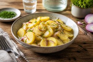 Kalter Kartoffelsalat mit Brühe in einer weißen Schüssel, mit Zwiebeln, Senf und frischen Kräutern, serviert als Grillbeilage