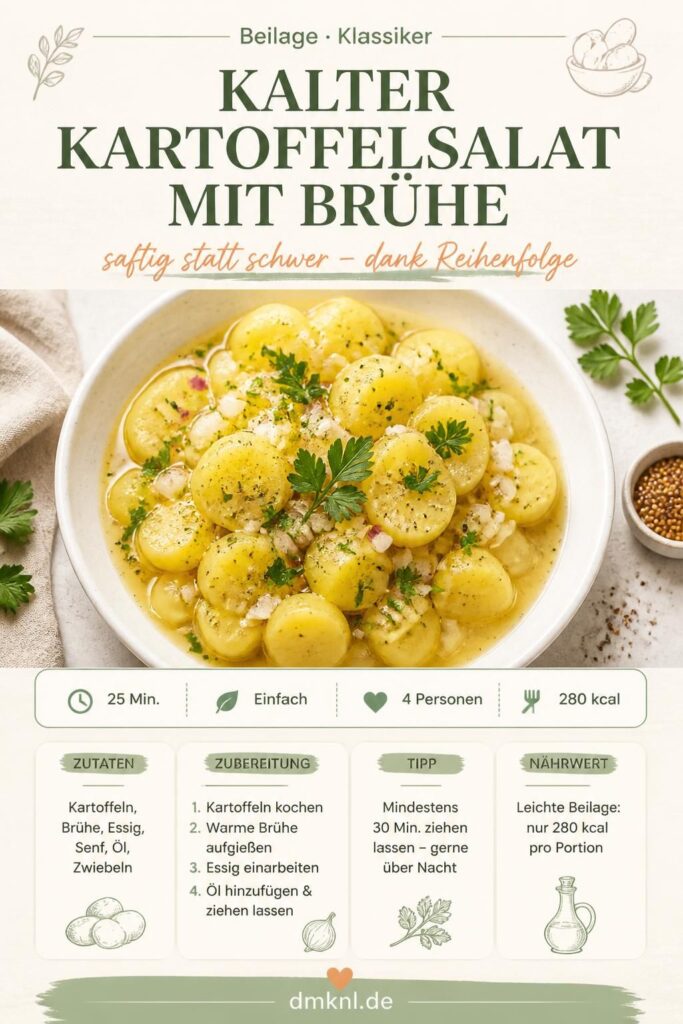 Kalter Kartoffelsalat mit Brühe, saftig und klassisch – Pinterest-Rezeptkarte