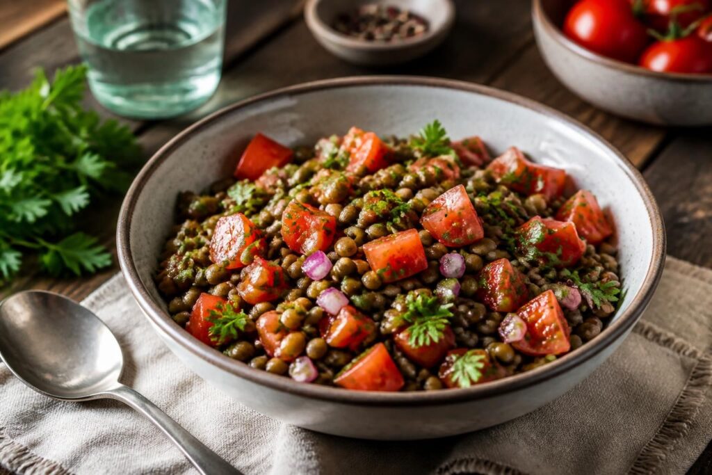 Kalter Linsensalat mit Tomaten in einer weißen Schüssel, garniert mit frischer Petersilie und einem Spritzer Zitrone