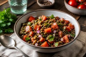 Kalter Linsensalat mit Tomaten in einer weißen Schüssel, garniert mit frischer Petersilie und einem Spritzer Zitrone