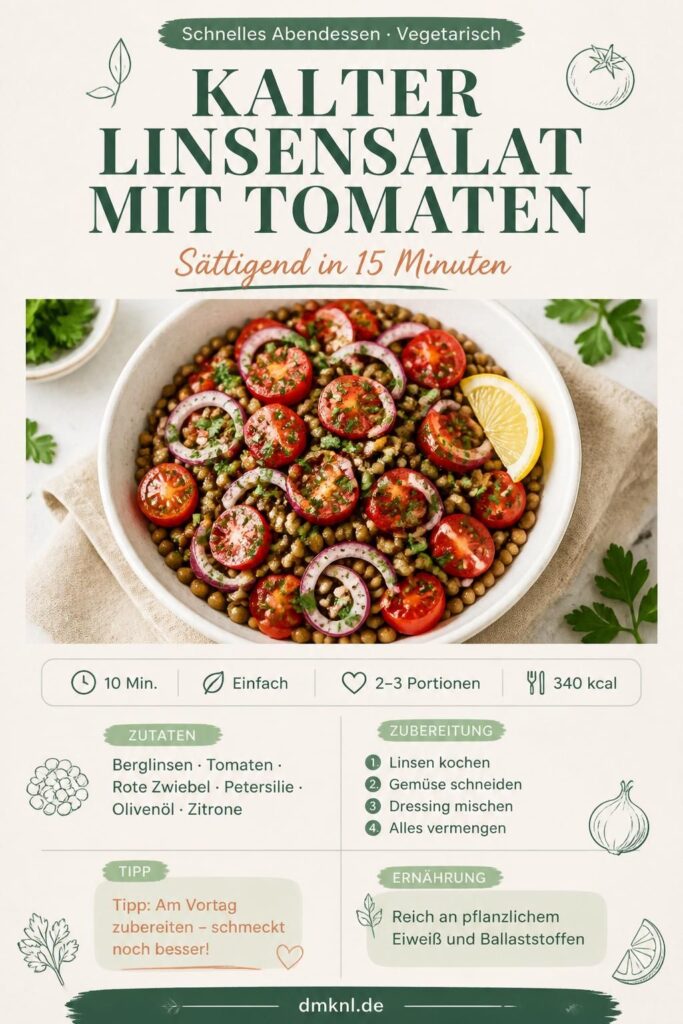 Kalter Linsensalat mit Tomaten und Petersilie in einer weißen Schüssel auf Leinentuch