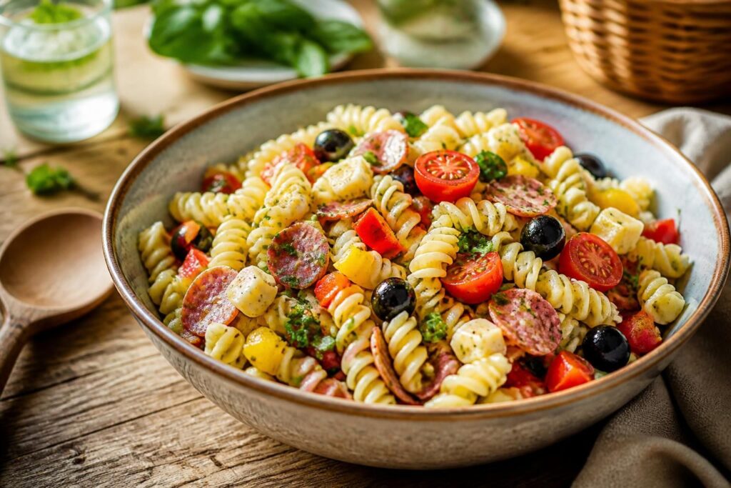 Kalter Nudelsalat mit Brühe-Dressing in einer großen Schüssel, garniert mit frischen Kräutern, Gurken und Tomaten – Ferienrezept aus Baden-Württemberg