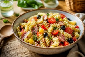 Kalter Nudelsalat mit Brühe-Dressing in einer großen Schüssel, garniert mit frischen Kräutern, Gurken und Tomaten – Ferienrezept aus Baden-Württemberg