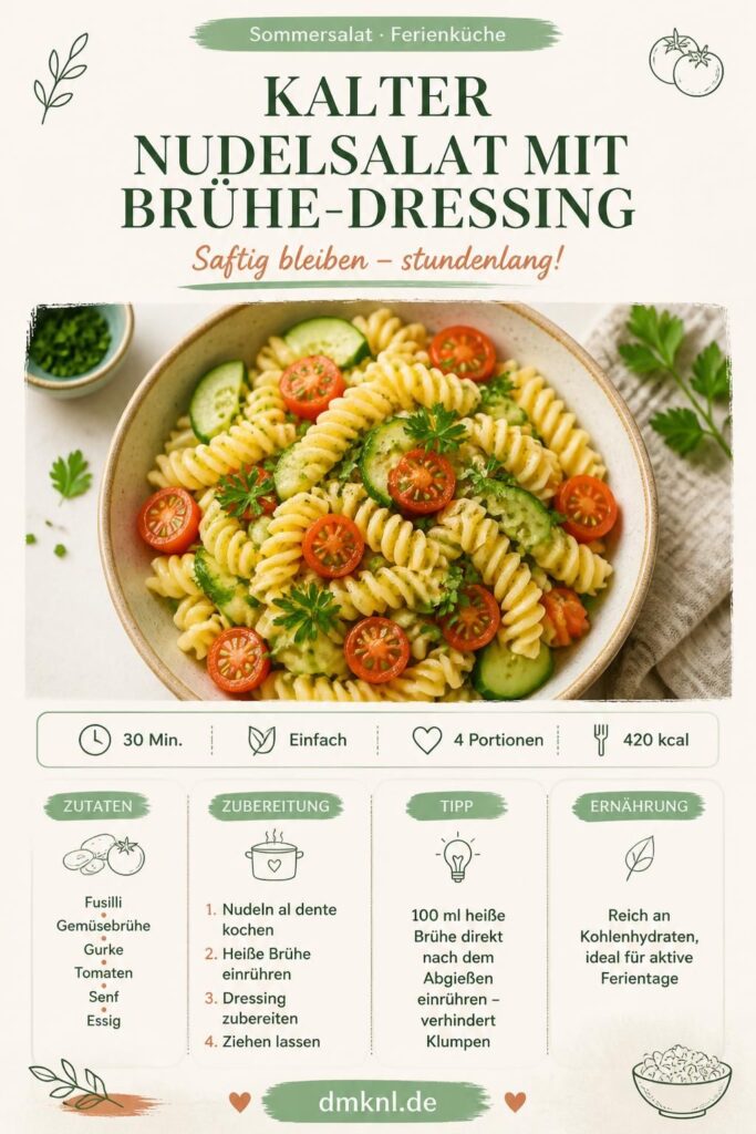 Kalter Nudelsalat mit Brühe-Dressing zum Ferienstart in Baden-Württemberg – Pinterest-Rezeptkarte
