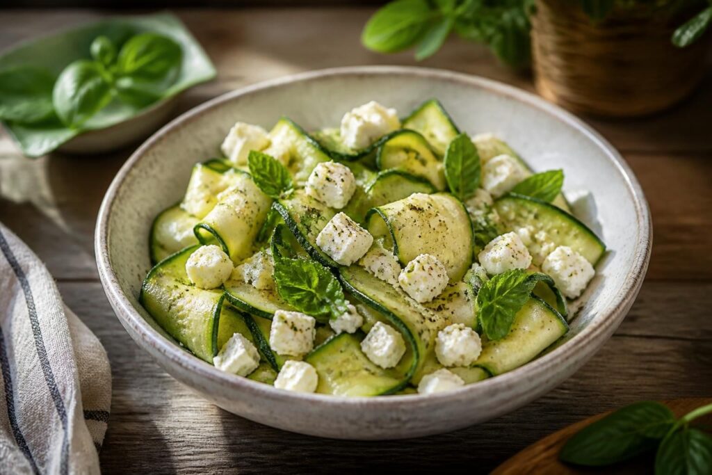 Kalter Zucchini-Salat mit Feta und Zitronen-Dressing in einer weißen Schüssel, garniert mit frischer Minze und Pinienkernen, auf einem sommerlichen Holztisch
