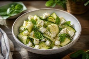 Kalter Zucchini-Salat mit Feta und Zitronen-Dressing in einer weißen Schüssel, garniert mit frischer Minze und Pinienkernen, auf einem sommerlichen Holztisch