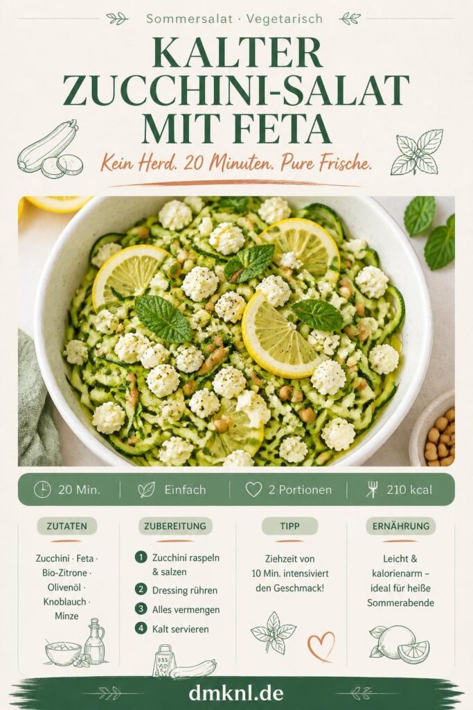 Kalter Zucchini-Salat mit Feta und Zitronen-Dressing in einer weißen Schüssel, Draufsicht