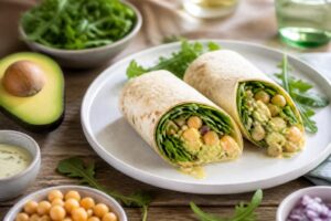 Kichererbsen-Wraps mit Avocado auf einem hellen Holzbrett, aufgerollt und angeschnitten, mit frischen Kräutern und Limettenspalten garniert