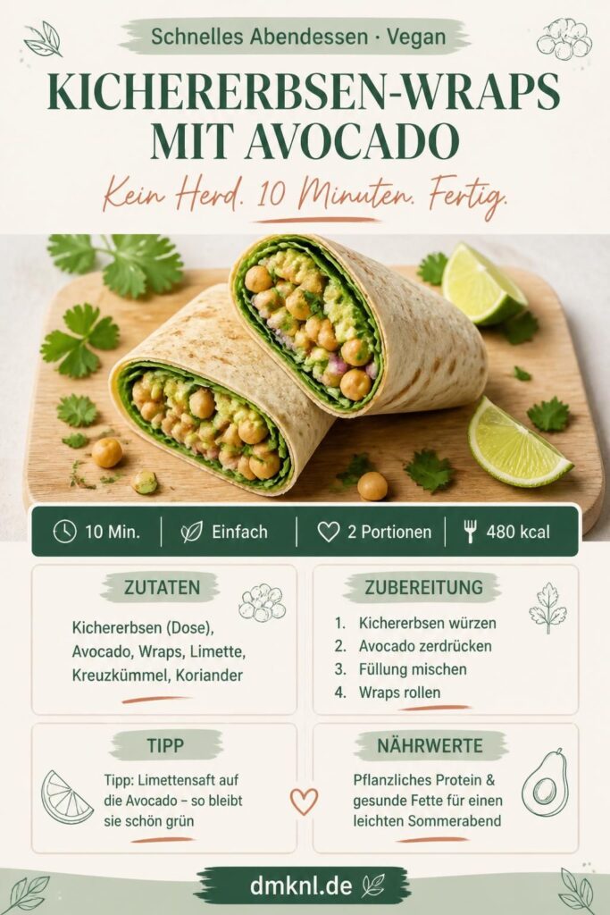 Kichererbsen-Wraps mit Avocado aufgerollt auf einem Holzbrett, angeschnitten, mit Limette und Koriander