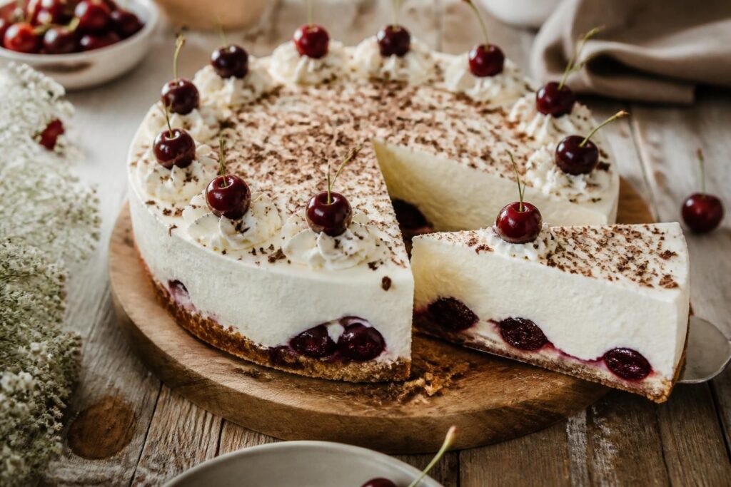Kirsch-Joghurt-Torte ohne Backen auf einem Keksboden, mit frischen Kirschen garniert, auf einem hellen Holztisch
