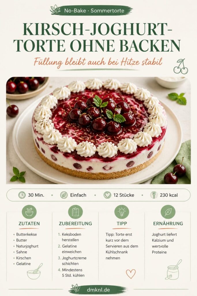 Kirsch-Joghurt-Torte ohne Backen auf Keksboden mit frischen Kirschen – Pinterest-Bild