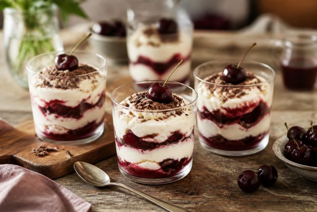 Kirsch-Mascarpone-Creme ohne Ei im Glas, geschichtet mit Sauerkirschen und Löffelbiskuits, garniert mit frischen Kirschen