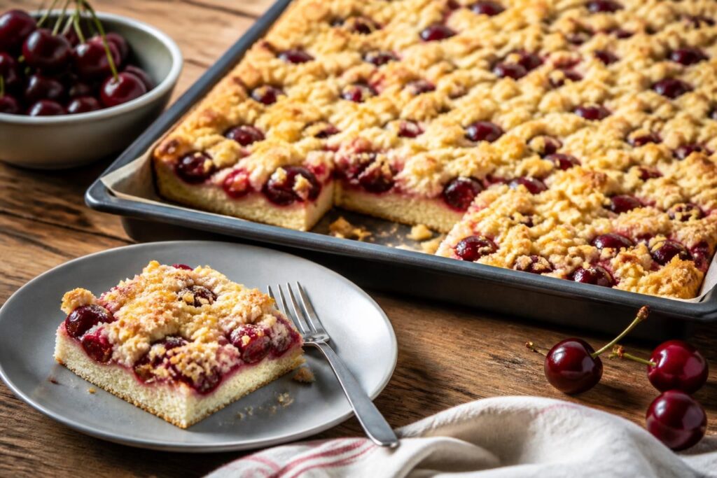 Kirschstreusel ohne Hefe auf dem Backblech – saftiger Blechkuchen mit Sauerkirschen und goldbraunen Butterstreuseln, frisch aus dem Ofen