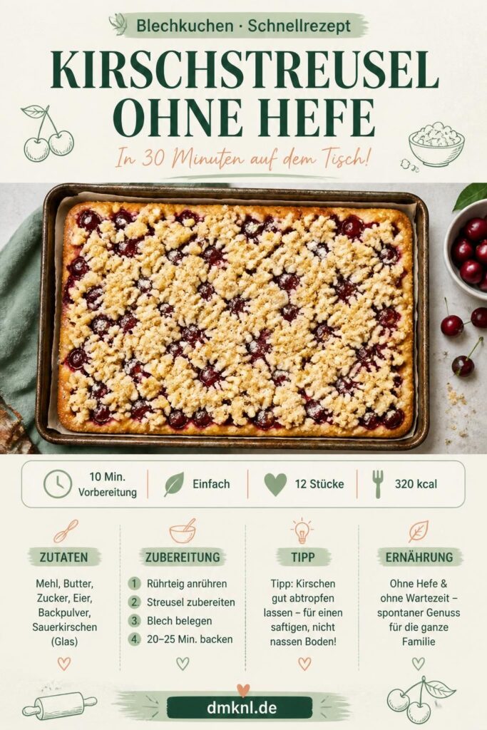 Kirschstreusel ohne Hefe – saftiger Blechkuchen mit goldbraunen Streuseln und Sauerkirschen, Pinterest-Pin