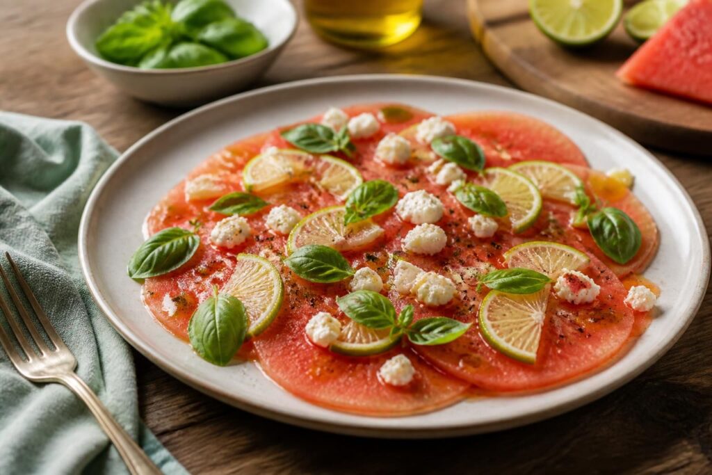Melonen-Carpaccio mit Limette und Basilikum, dünn aufgefächert auf einem weißen Teller, garniert mit Fetakäse und Pistazien