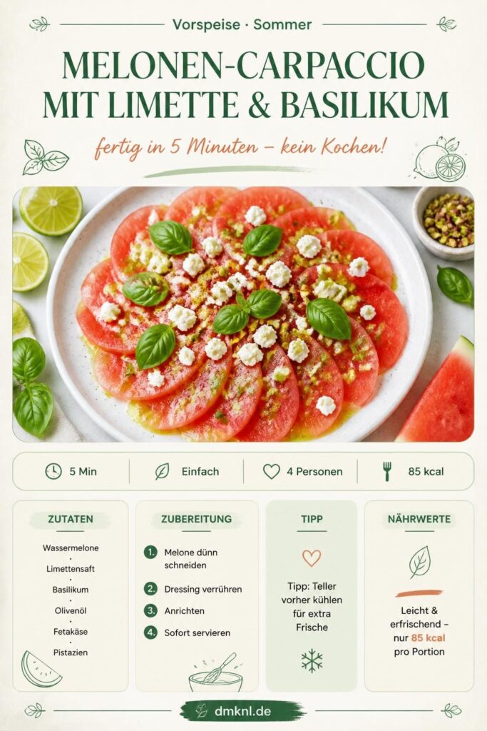 Melonen-Carpaccio mit Limette und Basilikum auf einem weißen Teller, Pinterest-Pin