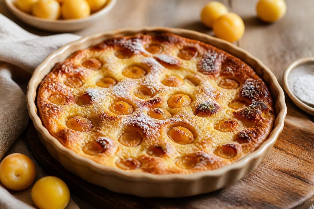 Mirabellen-Clafoutis frisch aus dem Ofen, goldbraun und luftig, in einer Keramikform mit Puderzucker bestäubt
