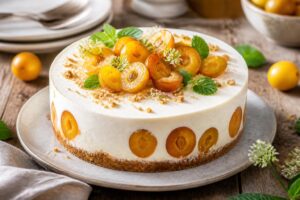 Mirabellen-Joghurt-Torte ohne Backen ohne Gelatine – cremige Schnittansicht mit gelbem Fruchttopping auf Keksboden