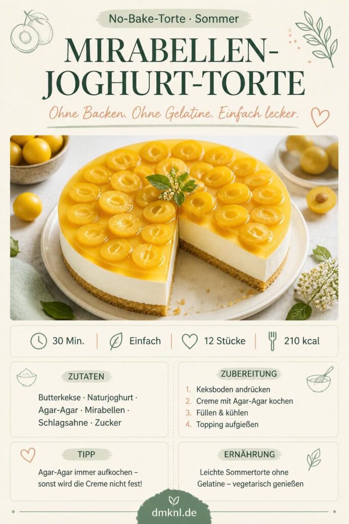 Mirabellen-Joghurt-Torte ohne Backen ohne Gelatine – Pin-Bild mit Rezeptübersicht