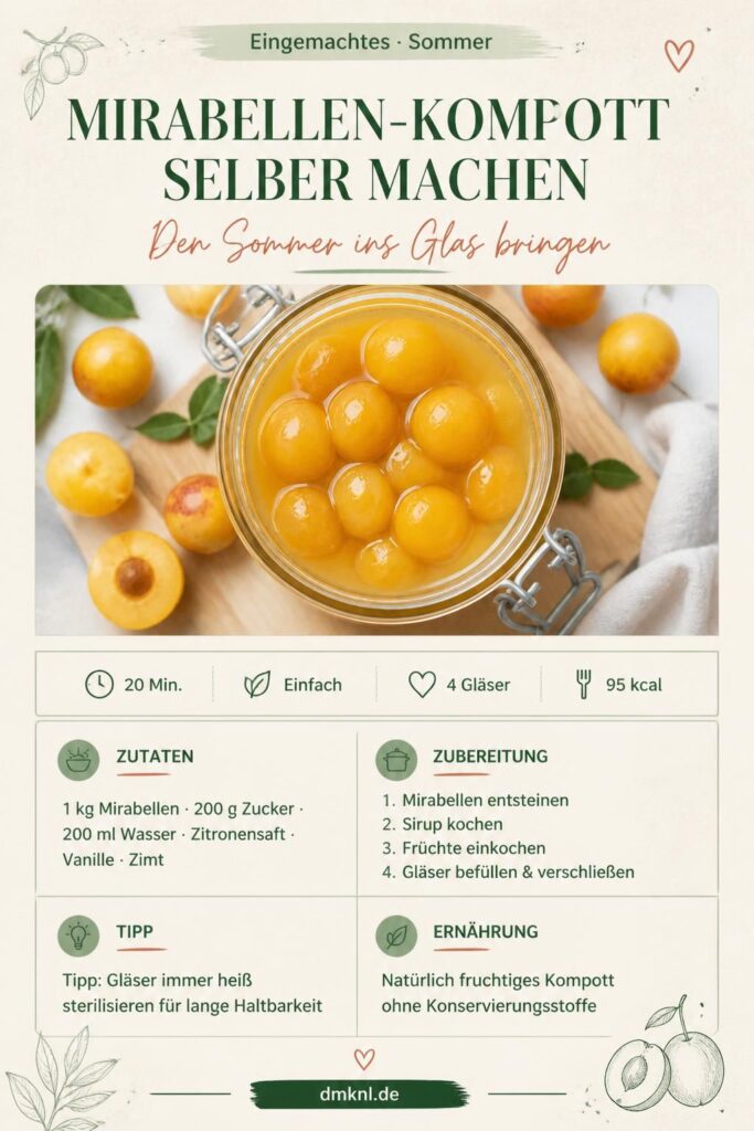 Mirabellen-Kompott selber machen – Pinterest-Rezeptkarte mit Zutaten und Schritten