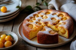 Saftiger Mirabellenkuchen mit Buttermilch auf einem hellen Backblech, frisch aus dem Ofen, mit goldgelben Mirabellen und einem Hauch Puderzucker
