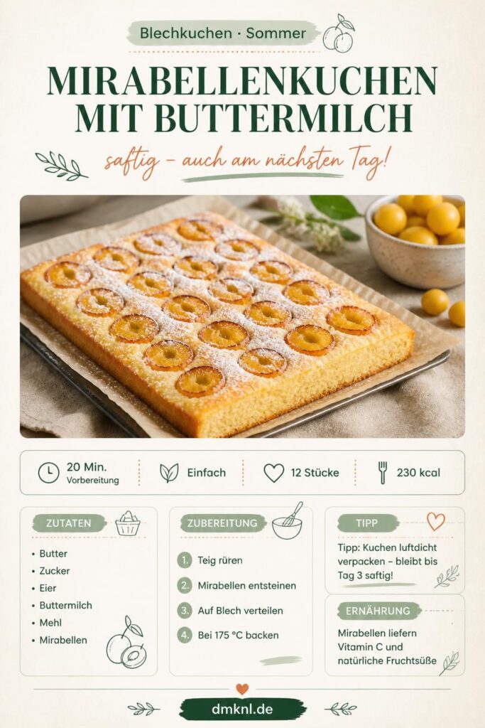 Saftiger Mirabellenkuchen mit Buttermilch auf einem Backblech, Pinterest-Rezeptkarte