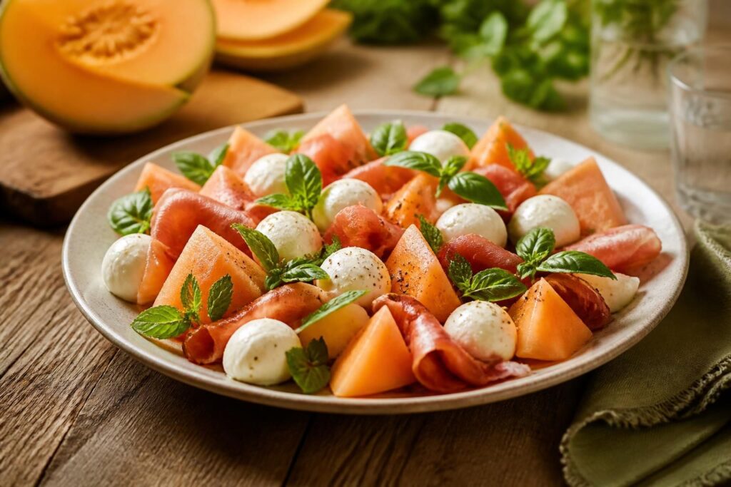 Mozzarella-Melonen-Salat mit Parmaschinken, frischer Minze und Limetten-Dressing auf einer weißen Servierplatte