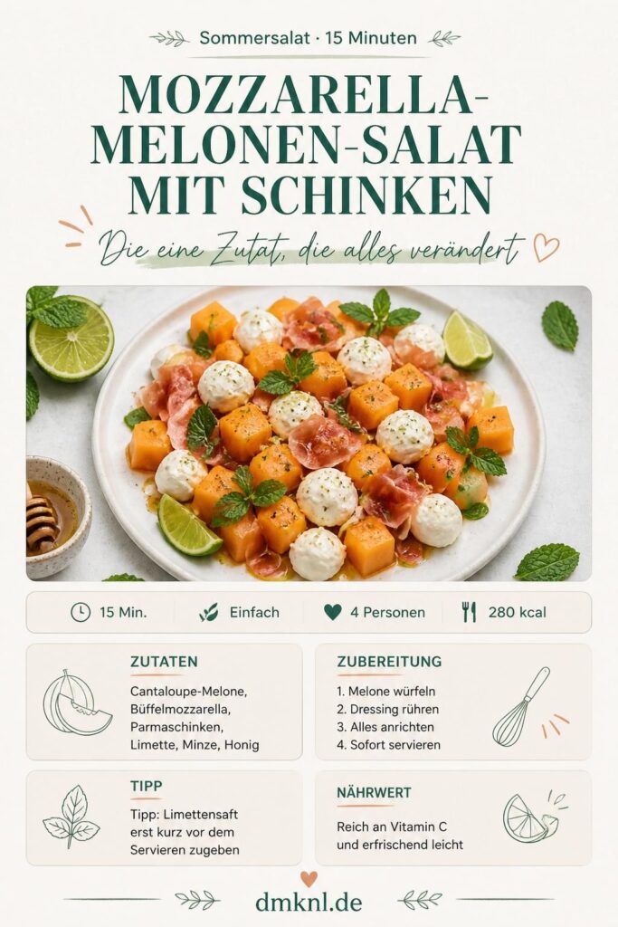 Mozzarella-Melonen-Salat mit Parmaschinken, Minze und Limetten-Dressing – Pinterest-Rezeptkarte