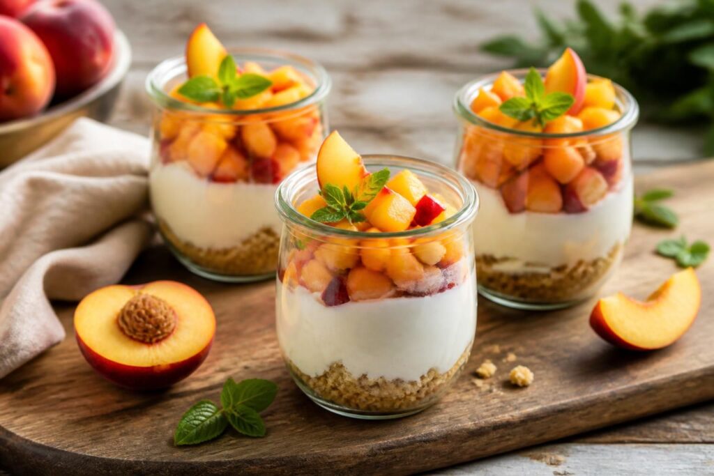 Nektarinen-Cheesecake im Glas ohne Backen – cremige Frischkäse-Schicht mit frischen Nektarinen und Keksboden, serviert in kleinen Gläsern