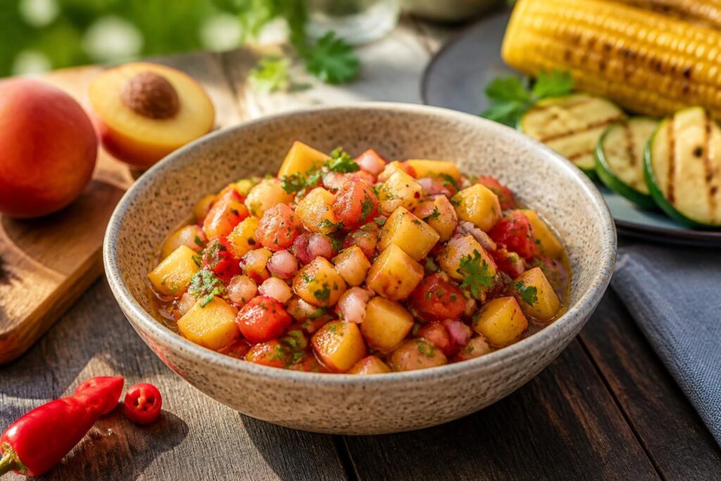 Nektarinen-Salsa mit Tomaten und Chili in einer weißen Schale, garniert mit frischem Koriander und Limettenscheiben, auf einem Holzbrett zum Grillen