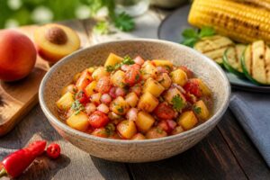 Nektarinen-Salsa mit Tomaten und Chili in einer weißen Schale, garniert mit frischem Koriander und Limettenscheiben, auf einem Holzbrett zum Grillen