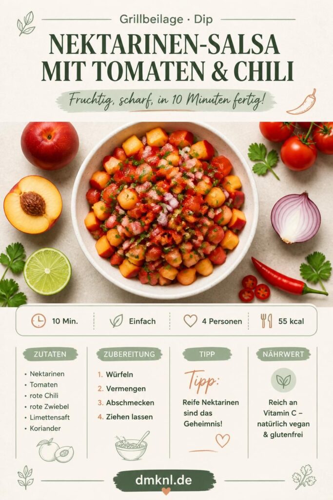 Nektarinen-Salsa mit Tomaten und Chili in einer weißen Schale, Pinterest-Rezeptkarte