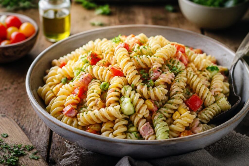 Kalter Nudelsalat mit Brühe-Trick in einer weißen Schüssel, garniert mit Gurken, Erbsen, Mais und frischen Kräutern