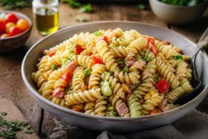 Kalter Nudelsalat mit Brühe-Trick in einer weißen Schüssel, garniert mit Gurken, Erbsen, Mais und frischen Kräutern