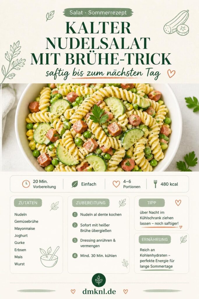 Kalter Nudelsalat mit Brühe-Trick, saftig und frisch in einer weißen Schüssel
