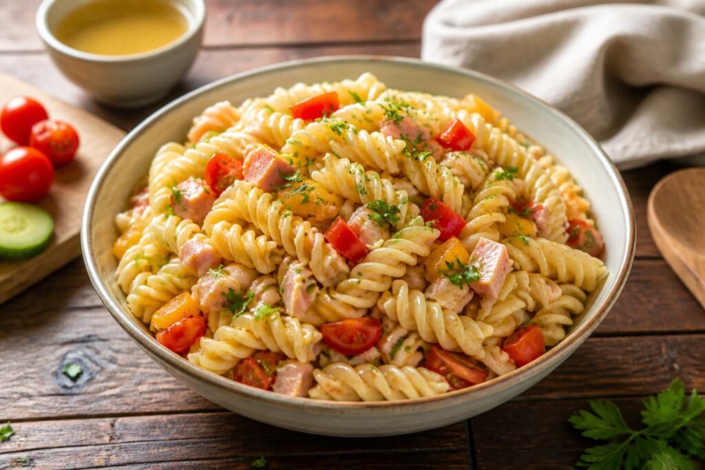 Nudelsalat ohne Mayo in einer großen Schüssel mit Hörnchennudeln, Paprika, Erbsen, Mais und Gewürzgurken, angemacht mit Öl-Essig-Dressing und süßem Senf