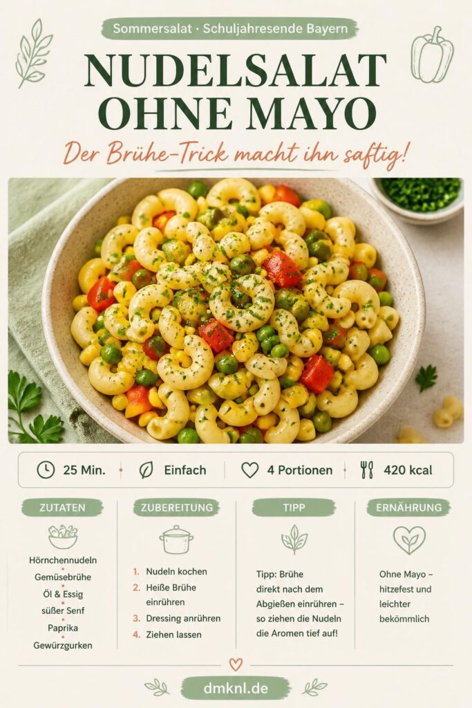 Nudelsalat ohne Mayo mit Hörnchennudeln, Paprika, Erbsen, Mais und Gewürzgurken in einer großen Schüssel