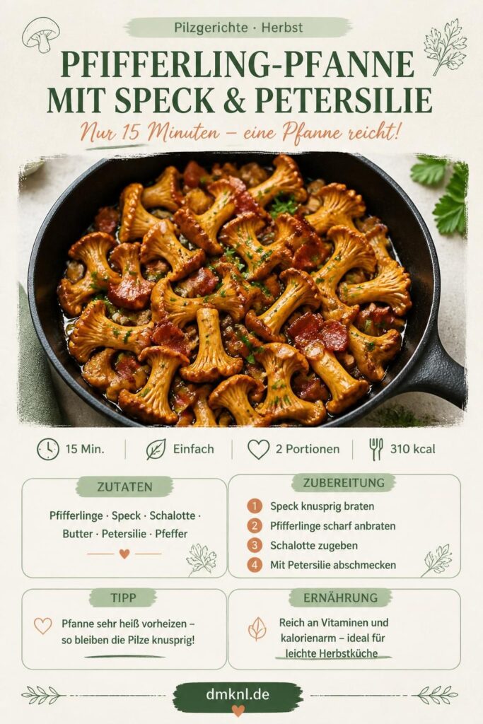 Pfifferling-Pfanne mit Speck und Petersilie – Pinterest-Bild zum Merken