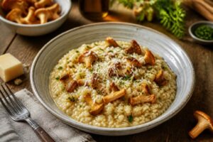 Cremiges Pfifferling-Risotto in einem tiefen Teller, goldgelbe Pfifferlinge auf samtigem Risotto, frisch geriebener Parmesan obenauf, natürliches Licht von oben