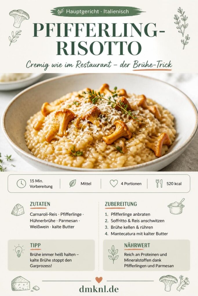 Cremiges Pfifferling-Risotto mit goldgelben Pfifferlingen und Parmesan – Pinterest-Rezeptkarte