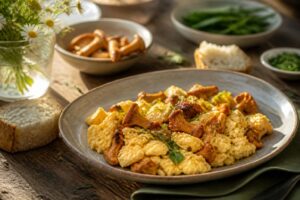 Pfifferling-Rührei mit frischen Kräutern in einer Pfanne, serviert auf einem hellen Holztisch mit Schnittlauch und Petersilie