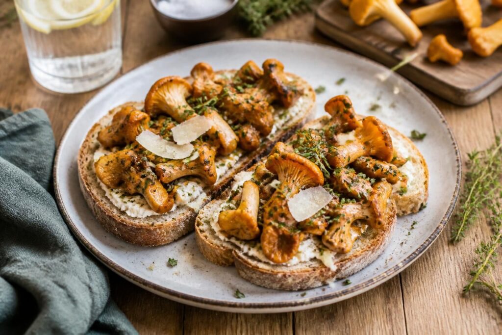 Pfifferling-Toast mit frischen Kräutern auf Sauerteigbrot, serviert auf einem Holzbrett, Draufsicht