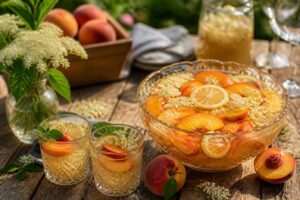 Alkoholfreie Pfirsich-Bowle mit Holunderblütensirup, frischen Pfirsichscheiben und Minze in einer Glaskaraffe, serviert auf einem Gartentisch im Sommer